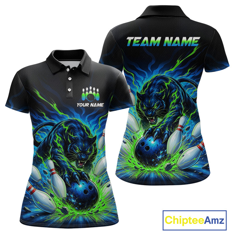 Black polo shirt with a panther and bowling design, customizable with 'Your Name' and 'Team Name'.