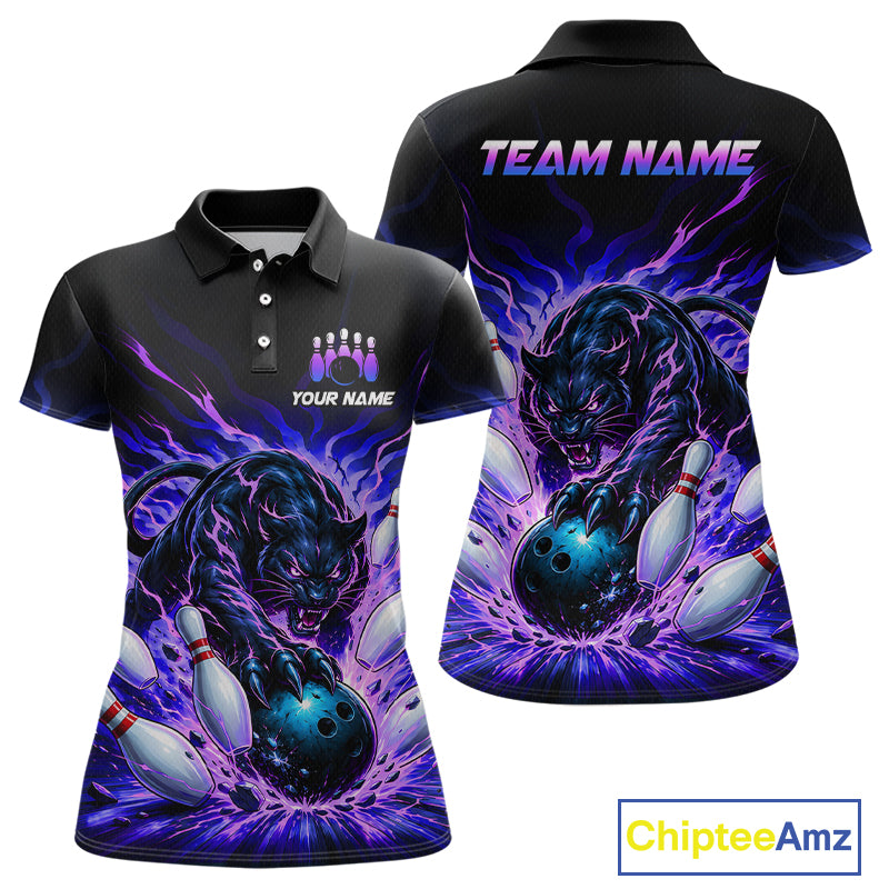 Black polo shirt with a purple panther design and bowling elements, customizable with 'Your Name' and 'Team Name'.