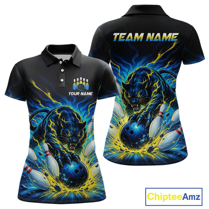 Black polo shirt with a panther and bowling design on a white background, featuring 'Chiptee Amz' branding.