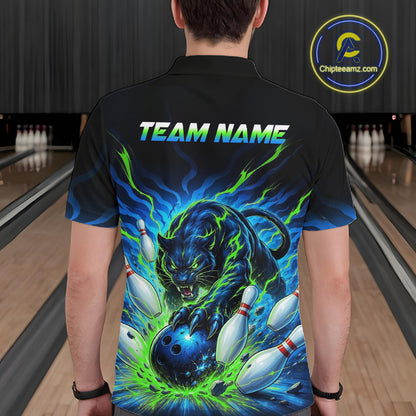 Person wearing a black bowling shirt with a colorful tiger design and 'TEAM NAME' text in a bowling alley.