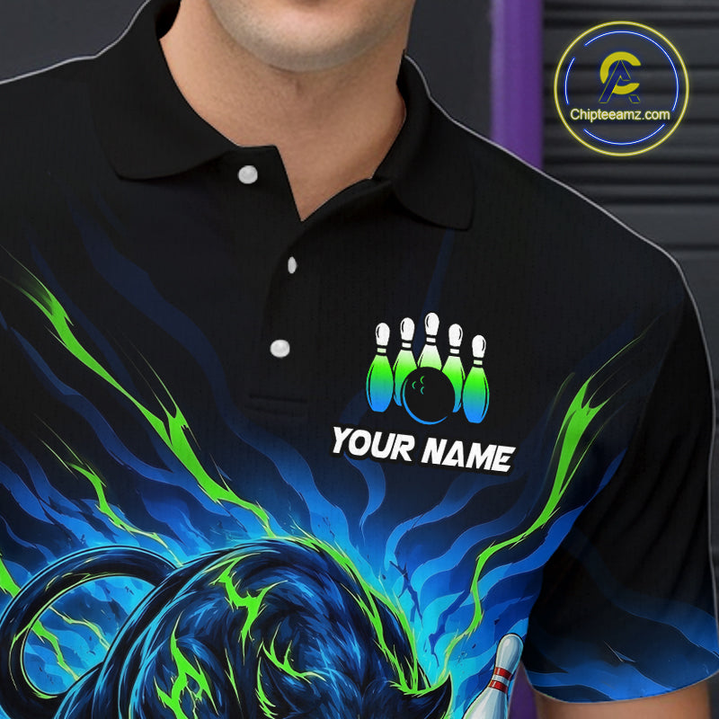 Black polo shirt with colorful design and 'Your Name' text, brand logo visible