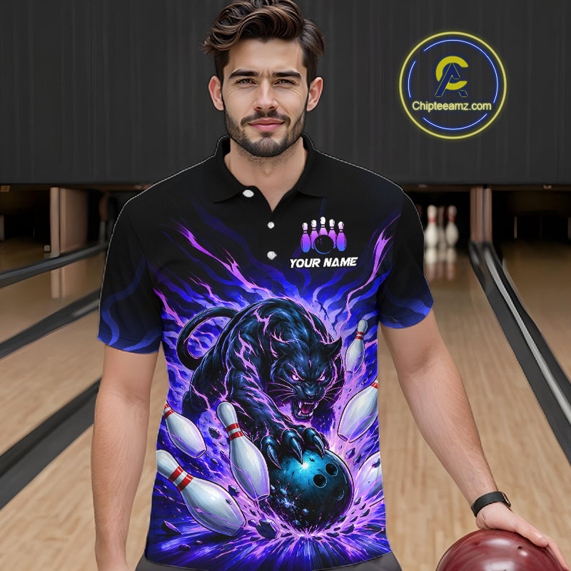 Man wearing a black panther bowling design shirt in a bowling alley.