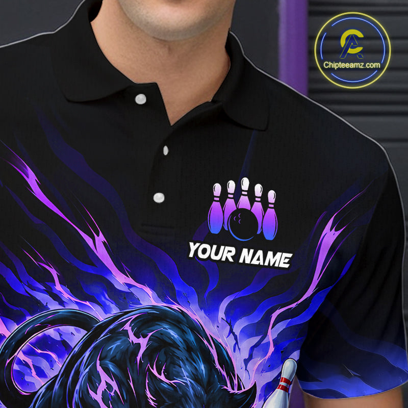 Black polo shirt with a colorful bowling design and 'Your Name' text, featuring the Chipleemz.com logo.