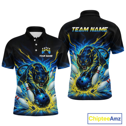 Black polo shirt with a panther and bowling design on a white background, featuring 'Your Name' and 'Team Name' text.
