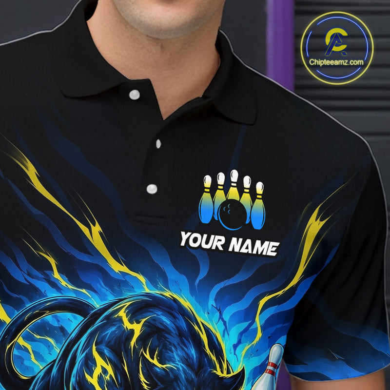 Black polo shirt with colorful design and 'Your Name' text, featuring a bowling ball and pins graphic.