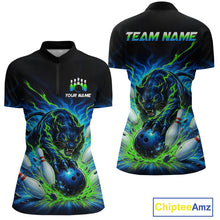 Load image into Gallery viewer, Black polo shirt with panther and bowling design on front and back, customizable text.