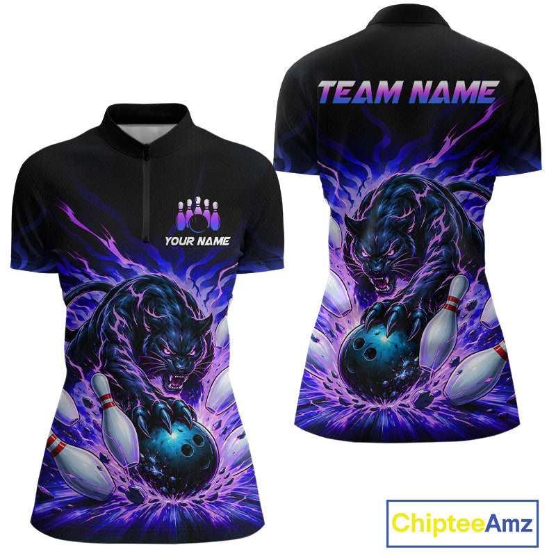 Black bowling shirt with panther design on front and back, customizable text areas, and Chiptee Amz branding.
