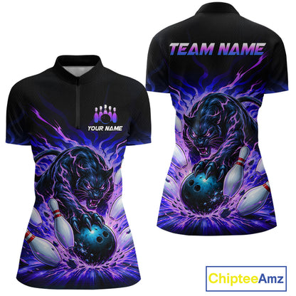 Black bowling shirt with panther design on front and back, customizable text areas, and Chiptee Amz branding.