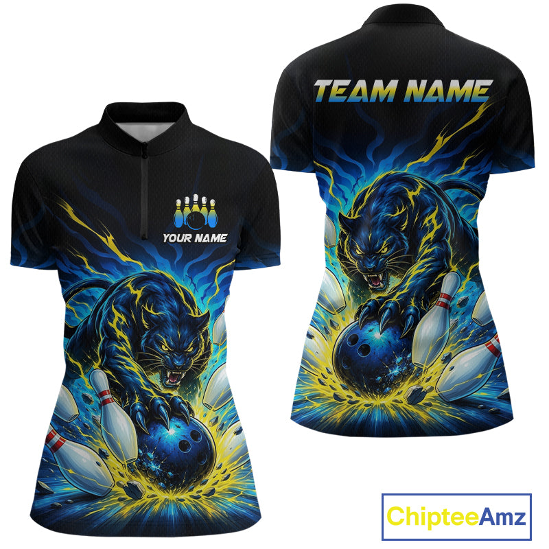 Black polo shirt with panther and bowling design, customizable text on a white background