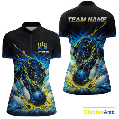 Black polo shirt with panther and bowling design, customizable text on a white background