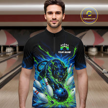 Load image into Gallery viewer, Man wearing a black bowling shirt with a green and blue panther design in a bowling alley.