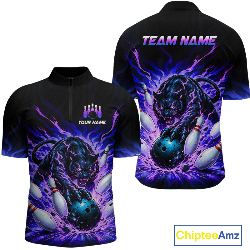 Black panther bowling design on a black shirt with customizable text, featuring Chiptee Amz branding.