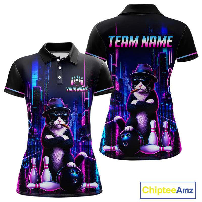 Neon Funny Cat Bowling Jersey for Women Custom Cat Bowling Team Shirts Polo & 1/4 Zip HNT510