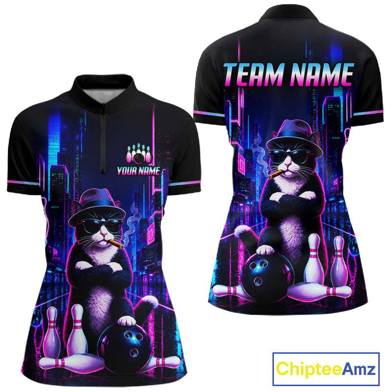 Neon Funny Cat Bowling Jersey for Women Custom Cat Bowling Team Shirts Polo & 1/4 Zip HNT510