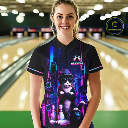 Neon Funny Cat Bowling Jersey for Women Custom Cat Bowling Team Shirts Polo & 1/4 Zip HNT510
