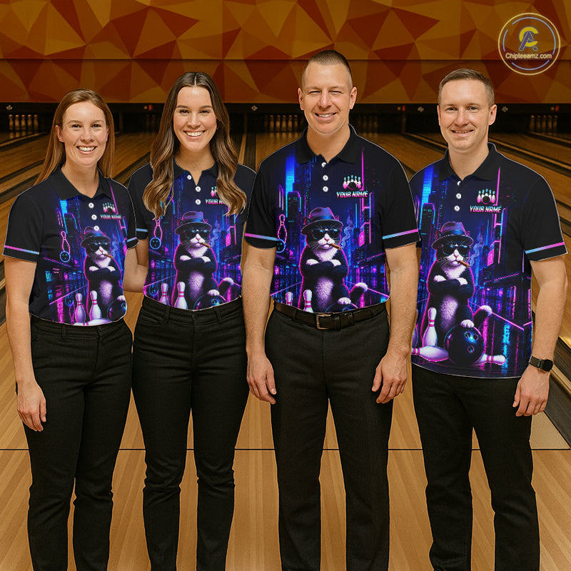 Neon Funny Cat Bowling Jersey for Women Custom Cat Bowling Team Shirts Polo & 1/4 Zip HNT510