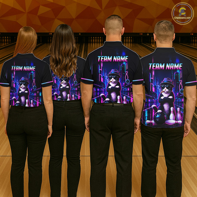 Neon Funny Cat Bowling Jersey for Women Custom Cat Bowling Team Shirts Polo & 1/4 Zip HNT510