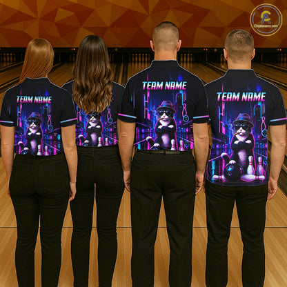 Neon Funny Cat Bowling Jersey for Women Custom Cat Bowling Team Shirts Polo & 1/4 Zip HNT510