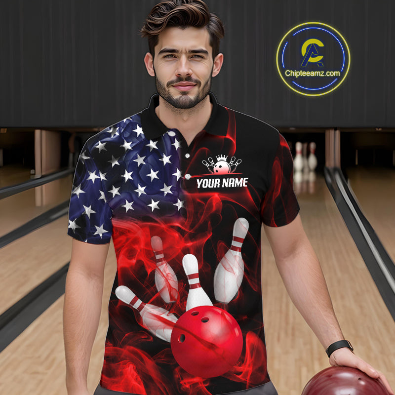 Men’s us flag smoke bowling polo shirt, front view on male model in bowling lane 