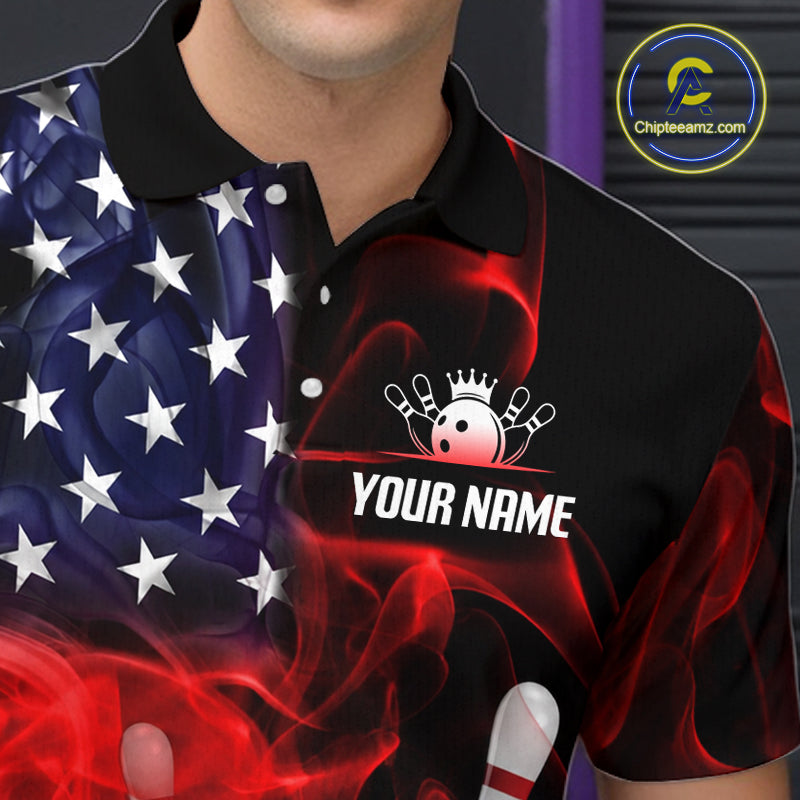Men’s us flag smoke bowling polo shirt with custom name, angled front view showing custom team design 