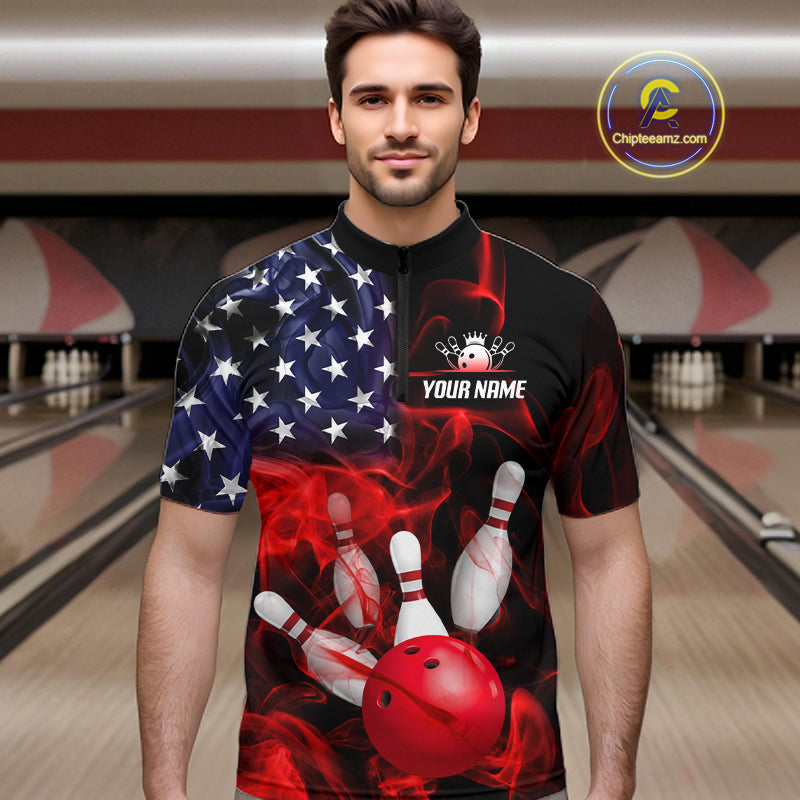 Men’s us flag smoke bowling quarter zip shirt, front view on male model in bowling lane 