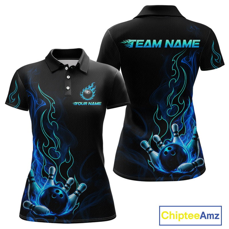 Black short-sleeve polo shirt shown from the front and back, featuring blue and teal bowling-themed flame graphics, bowling balls, and customizable text placeholders on the chest and back. A ChipteeAmz logo appears in the bottom right corner.