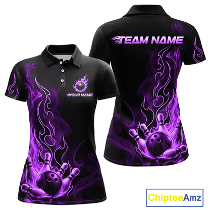 Black short-sleeve polo shirt shown from front and back with purple flame graphics, bowling balls, and pins, plus customizable text placeholders. A ChipteeAmz logo appears in the bottom right corner.