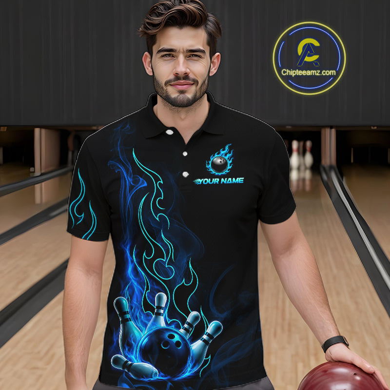 A man wearing a black short-sleeve polo shirt with a blue and teal bowling-themed flame graphic and a custom name print on the chest, standing in a bowling alley holding a bowling ball. A circular 'Chipleamz.