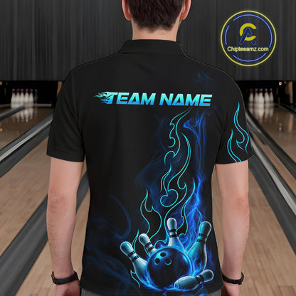 A man viewed from behind wearing a black short-sleeve bowling shirt with a blue and cyan flame graphic of bowling pins and a ball, and the text 'TEAM NAME' across the upper back. Bowling lanes are visible in the background, and a circular 'Chipteeamz.