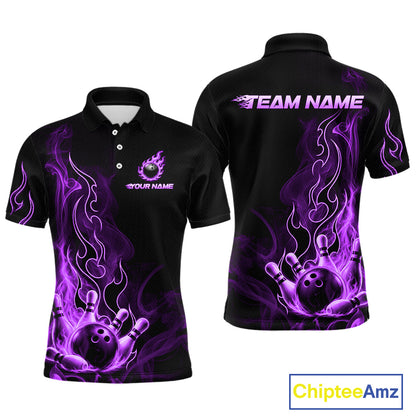Black short-sleeve polo shirt with purple flame graphics and bowling ball designs, shown from both front and back. The front has a small bowling pin and ball graphic with the text 'YOUR NAME', and the back has 'TEAM NAME' across the shoulders.