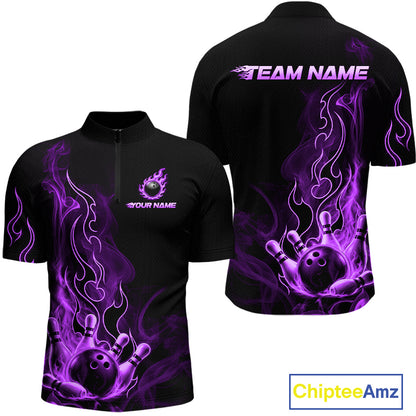 Black short-sleeve quarter-zip bowling shirt shown from front and back on a white background, with purple flame and bowling ball graphics, customizable text areas, and a ChipteeAmz logo watermark.