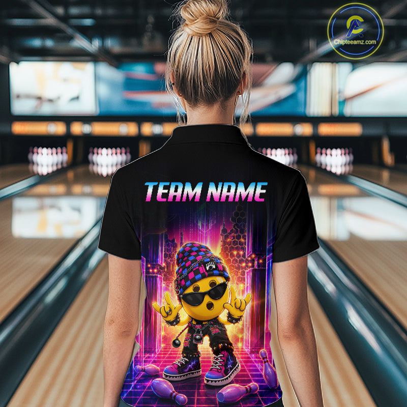 Women’s neon synthwave rocker bowling polo shirt, back view on female model in bowling lane 