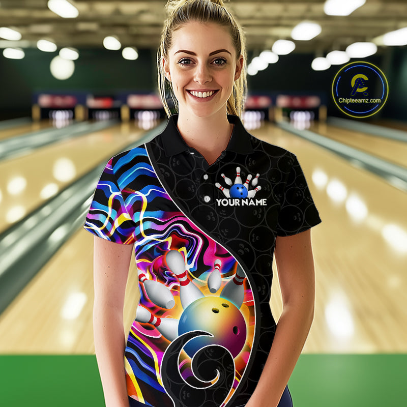 Women’s blue neon wave bowling polo shirt, front view on male model in bowling lane