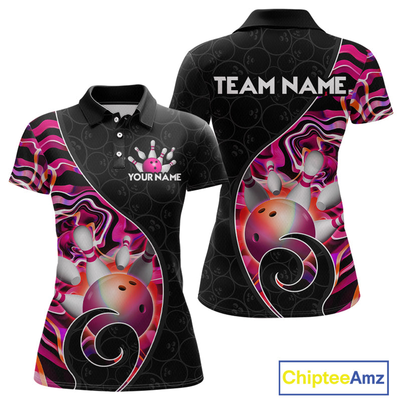Women’s pink neon wave strike bowling shirt with custom name, front view polo design on white background
