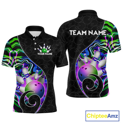 Men’s green neon wave strike bowling shirt with custom name, front view polo design on white background