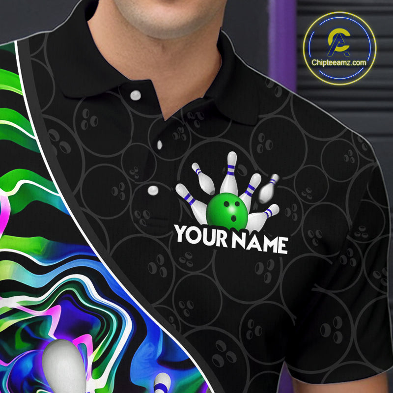Men’s green neon wave bowling polo shirt, angled front view showing custom team design