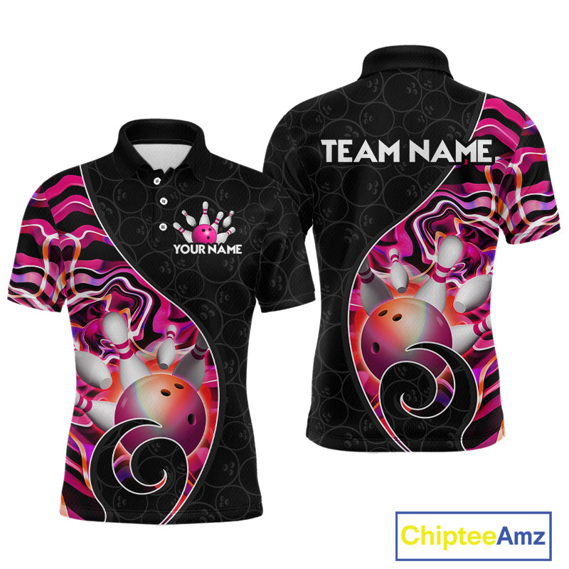 Men’s pink neon wave strike bowling shirt with custom name, front view polo design on white background