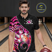 Load image into Gallery viewer, Men’s pink neon wave bowling polo shirt, front view on male model in bowling lane 