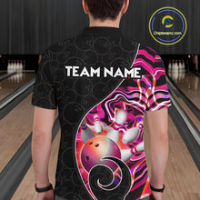 Load image into Gallery viewer, Men’s pink neon wave bowling polo shirt, back view on male model in bowling lane 