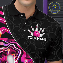 Load image into Gallery viewer, Men’s pink neon wave bowling polo shirt, angled front view showing custom team design 