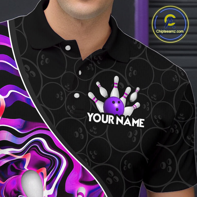 Men’s purple neon wave bowling polo shirt, angled front view showing custom team design