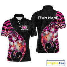 Load image into Gallery viewer, Men’s pink neon wave strike bowling shirt with custom name, front view polo design on white background
