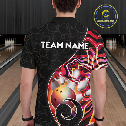 Men’s red neon wave bowling polo shirt, back view on male model in bowling lane 