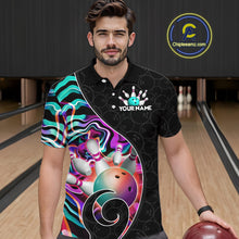 Load image into Gallery viewer, Men’s turquoise neon wave bowling polo shirt, front view on male model in bowling lane