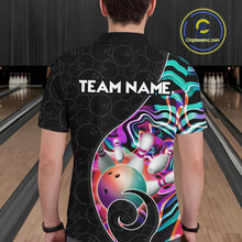Load image into Gallery viewer, Men’s turquoise neon wave bowling polo shirt, back view on male model in bowling lane