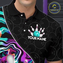 Load image into Gallery viewer, Men’s turquoise neon wave bowling polo shirt, angled front view showing custom team design