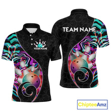 Load image into Gallery viewer, Men’s turquoise neon wave strike bowling shirt with custom name, front view polo design on white background