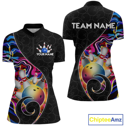 Women’s blue neon wave strike bowling shirt with custom name, front view quarter zip design on white background
