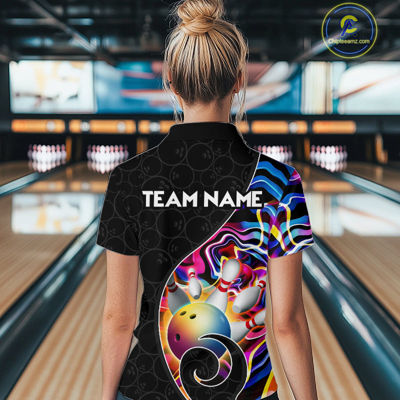 Women’s blue neon wave bowling quarter zip shirt, back view on male model in bowling lane