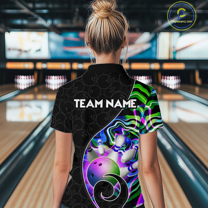 Women’s green neon wave bowling polo shirt, angled front view showing custom team design